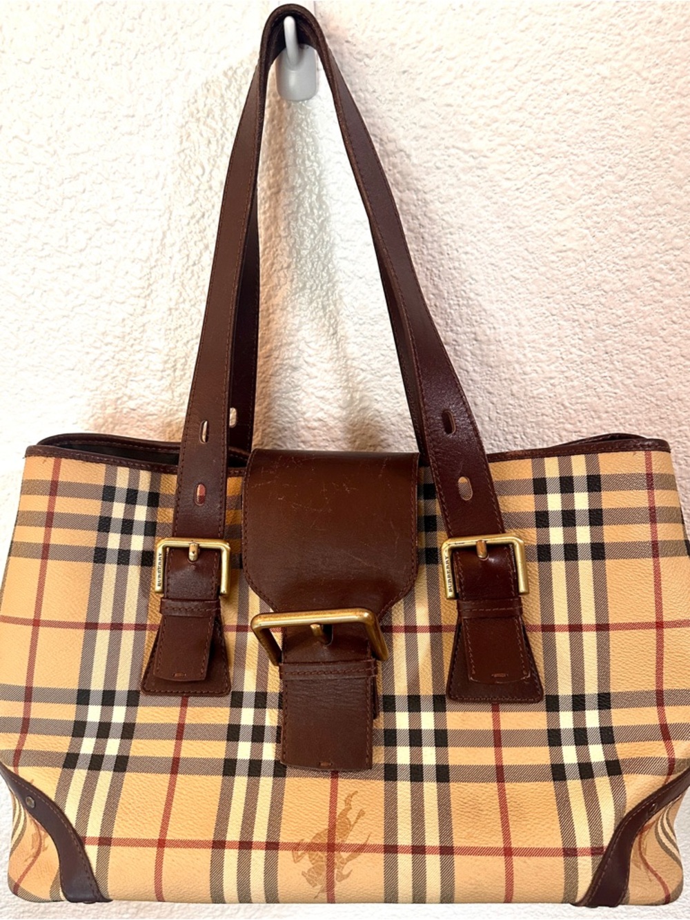 Burberry Haymarket Tan Plaid Tote with Big buckle and Brown Leather Trim